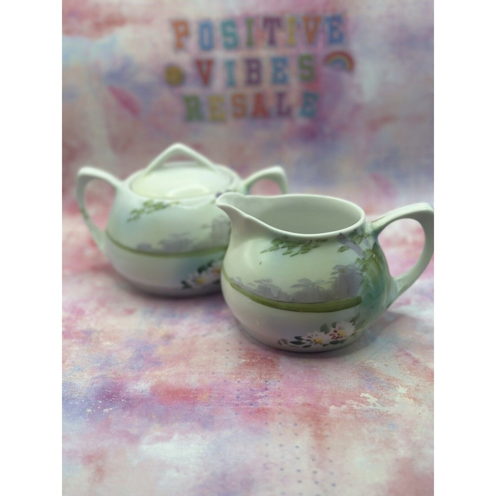 Vintage Hand Painted Nippon Creamer And Sugar Light Purple and Green Florals.